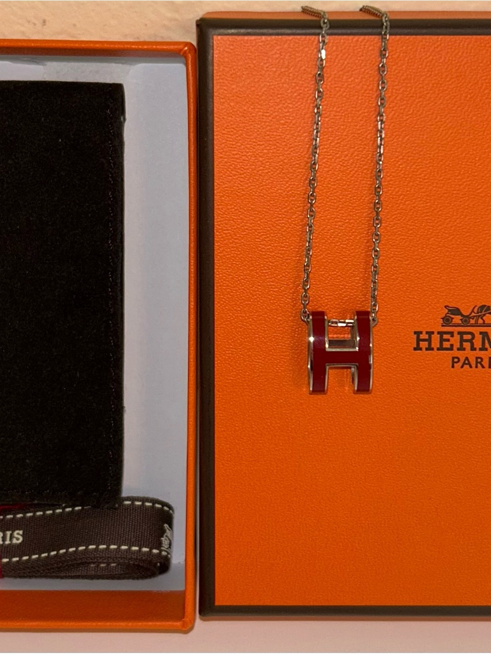 Hermes Pop H Pendant in Rouge H and Palladium with 16” chain